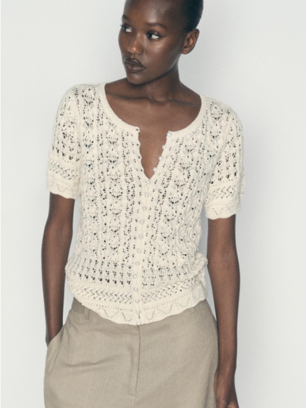 Zara Cream Pointelle Short Sleeve Cardigan Pearl Buttons | Cottagecore | Sz XL